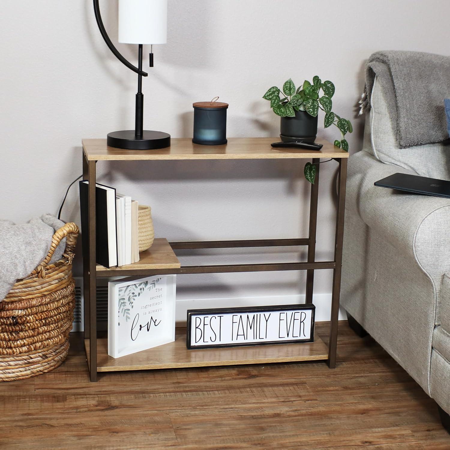 image:imageSunnydaze 2825Inch H 3Tier Sofa Table MDP Shelves and PowderCoated Steel Frame Removable Serving Tray Brown