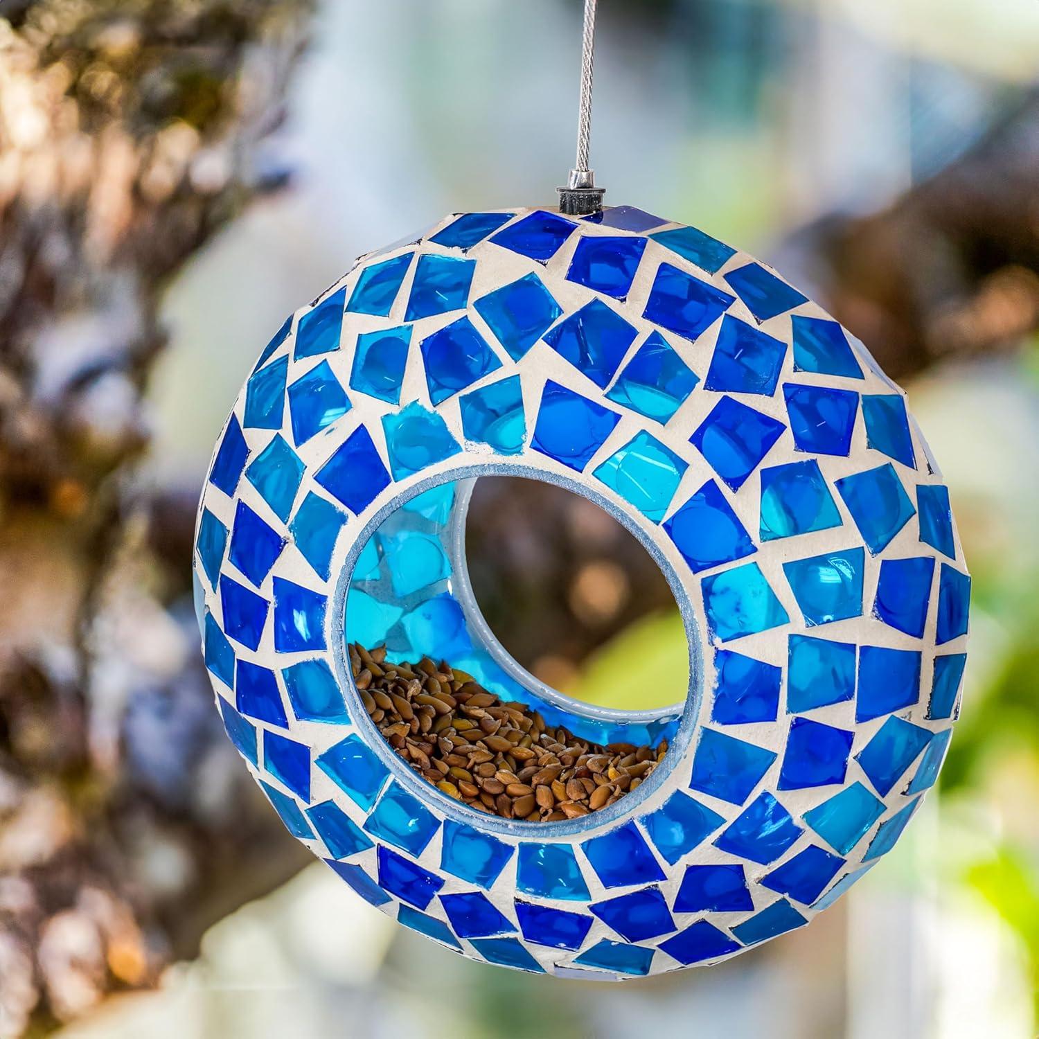 image:imageSunnydaze 6Inch Glass Mosaic Hanging Bird Feeder for Outdoors FlyThrough Glass Bird Feeder for Cardinals Jays Finches and More Lavender Mosaic Set of 12Blue Mosaic