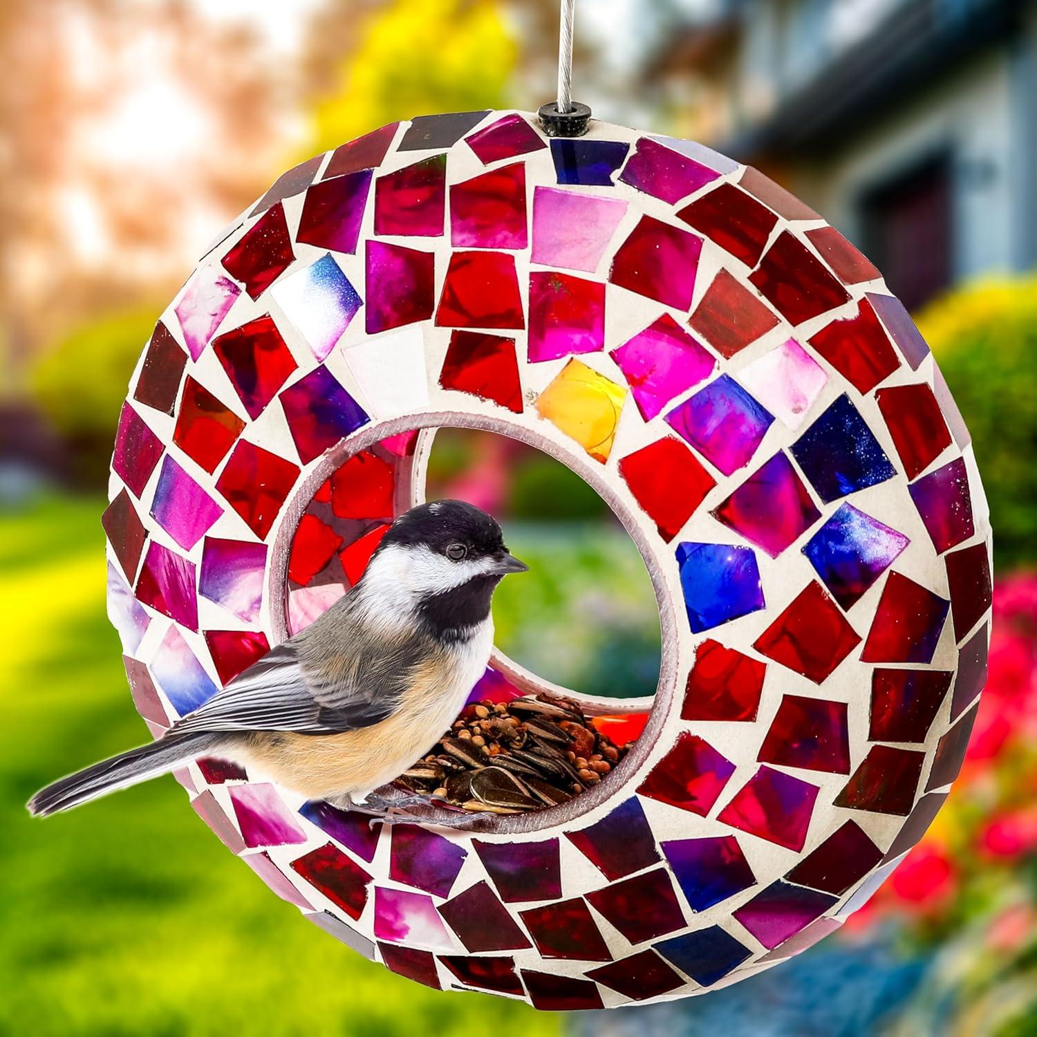 image:imageSunnydaze 6Inch Glass Mosaic Hanging Bird Feeder for Outdoors FlyThrough Glass Bird Feeder for Cardinals Jays Finches and More Lavender Mosaic Set of 12Crimson Mosaic