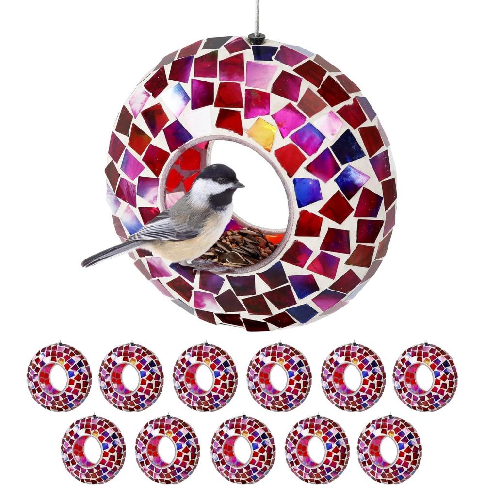 image:imageSunnydaze 6Inch Glass Mosaic Hanging Bird Feeder for Outdoors FlyThrough Glass Bird Feeder for Cardinals Jays Finches and More Lavender Mosaic Set of 12Crimson Mosaic