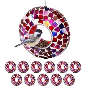 Sunnydaze 6-Inch Glass Mosaic Hanging Bird Feeder for Outdoors – Fly-Through Glass Bird Feeder for Cardinals, Jays, Finches and More – Lavender Mosaic – Set of 12(Crimson Mosaic)