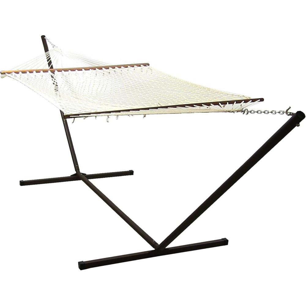 image:imageSunnydaze Double Polyester and Cotton Rope Hammock with 15Foot Steel Stand 400Pound Capacity Black Stand Cream