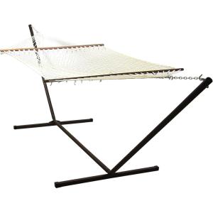 Sunnydaze Double Polyester and Cotton Rope Hammock with 15-Foot Steel Stand – 400-Pound Capacity – Black Stand – Cream